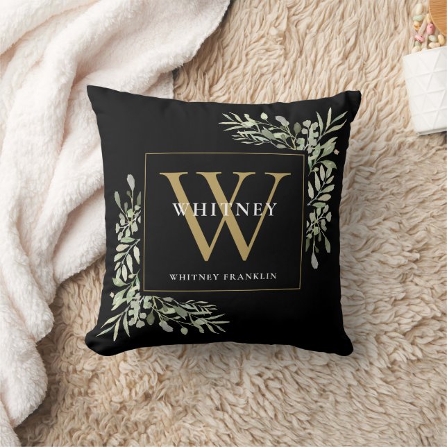 Modernes Greenery Floral Black Gold Initial Monogr Kissen (Decke)