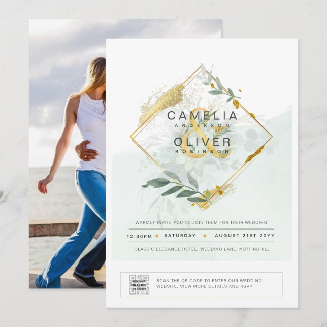 Modernes Greenery FOTO Hochzeit Einladung QR CODE (Vorne/Hinten)