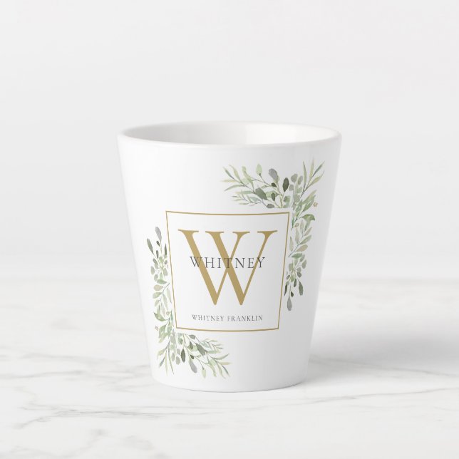 Modernes Greenery Gold Monogram Elegant Milchtasse (Vorderseite)