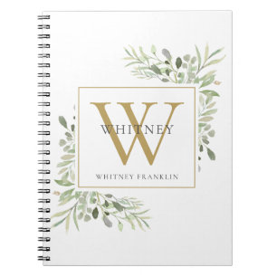 Modernes Greenery Gold Monogram Name Notebook Notizblock