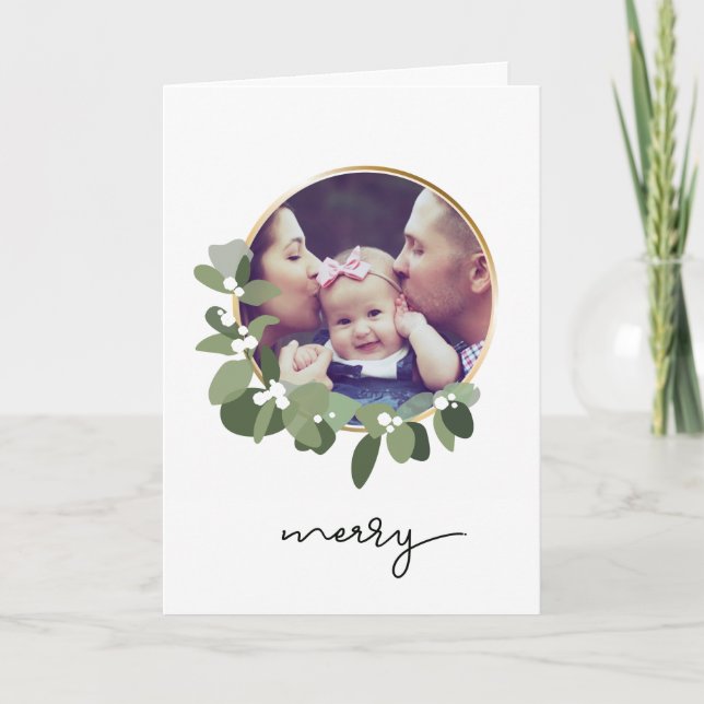 Modernes Greenery Wreath Foto Frohe Weihnachten (Vorderseite)