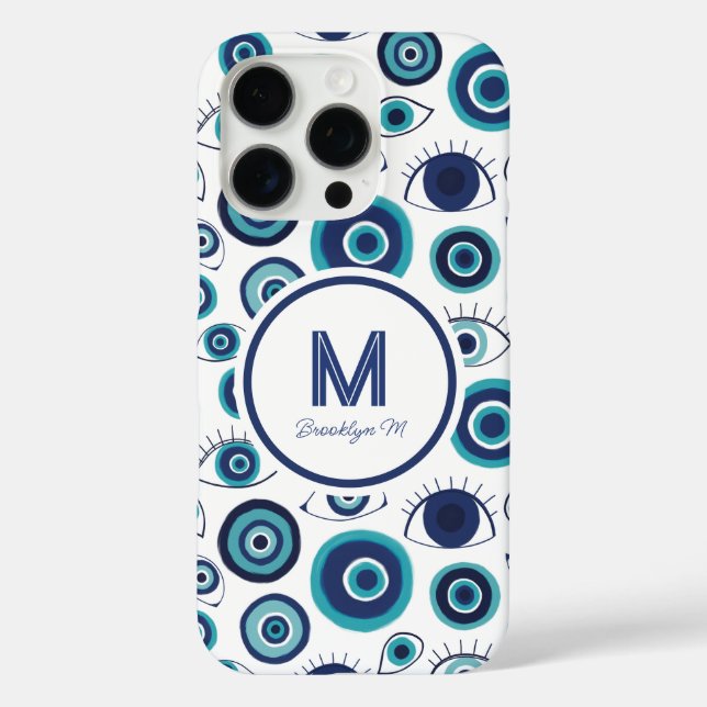 Modernes griechisches Evil Blue White Monogram iPhone 16 Pro Hülle (Rückseite)