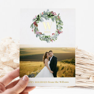 Modernes Grün, Blumenreath Monogramm 1 Foto Folien Feiertagskarte