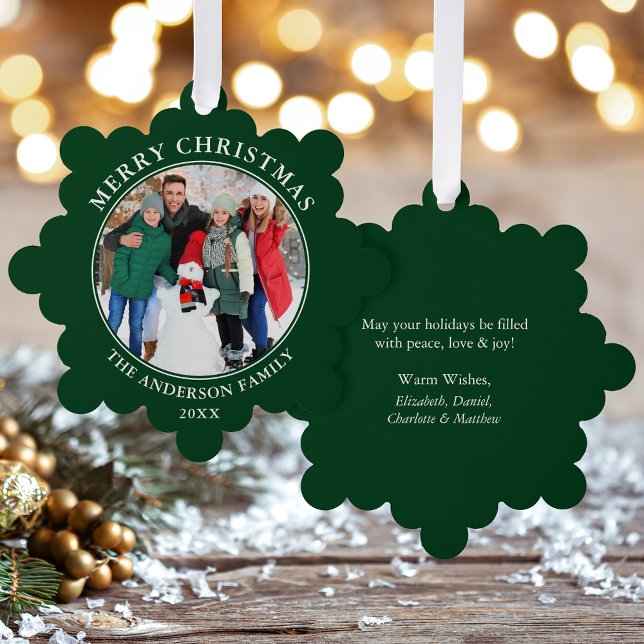 Modernes Grün frommes Weihnachtsfest Foto Ornament Karte (A greeting card that is also an ornament! Customize with your photo and personalized text.)