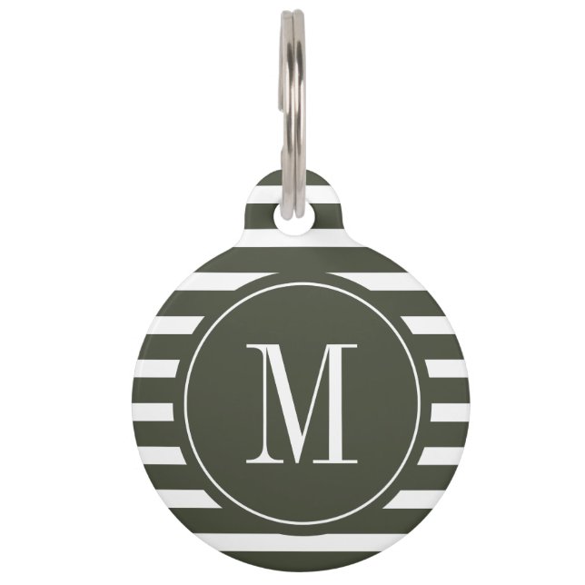 Modernes Grün und Weiß Streifen mit Monogramm Haustiermarke (Vorderseite)