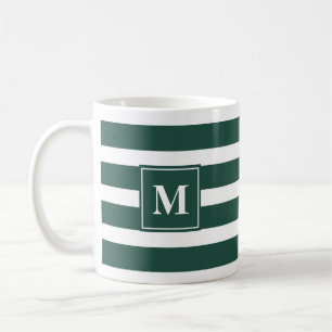 Modernes Grün und Weiß Streifen mit Monogramm Kaffeetasse