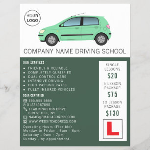 Modernes grünes Auto, Fahrschule, Lehrer Flyer