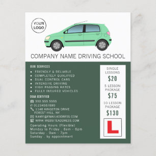 Modernes grünes Auto, Fahrschule, Lehrer Flyer