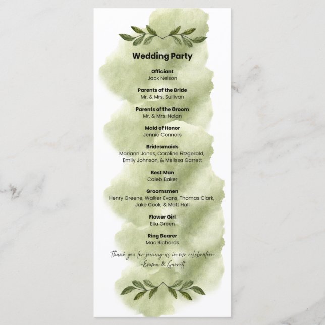 Modernes grünes Blatt minimalistisches Hochzeitspr Programm (Rückseite)
