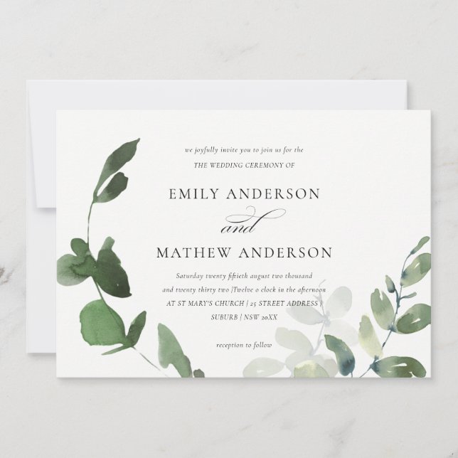 MODERNES GRÜNES EUCALYPTUS FOLIAGE WATERCOLOR WEDD EINLADUNG (Vorderseite)