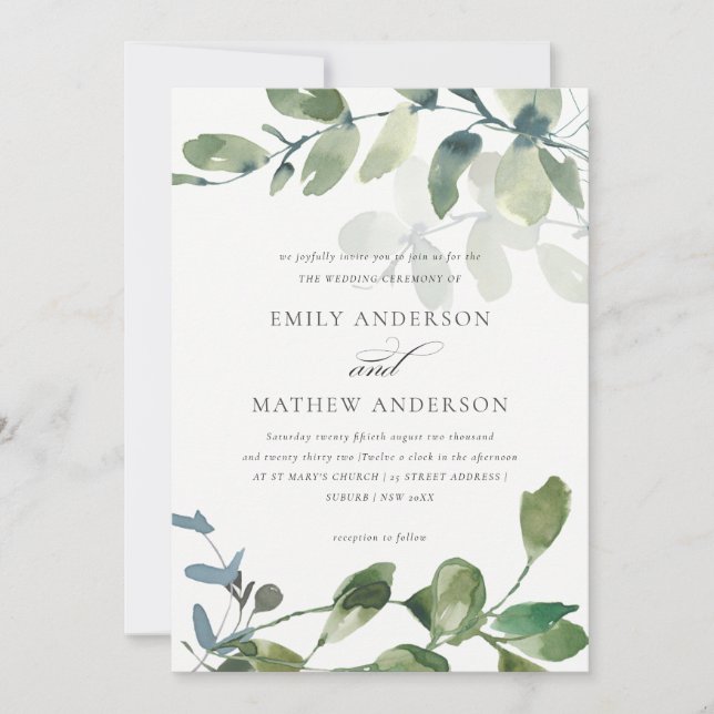 MODERNES GRÜNES EUCALYPTUS FOLIAGE WATERCOLOR WEDD EINLADUNG (Vorderseite)