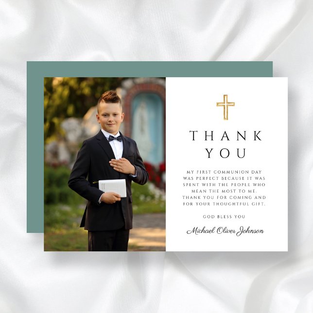 Modernes Grünes Kreuz Erstes kommunales Foto Dankeskarte (Modern Green Cross Boy First Communion Photo Thank You Card)