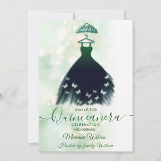 Modernes, grünes Schmetterlingskleid Tiara Quince Einladung