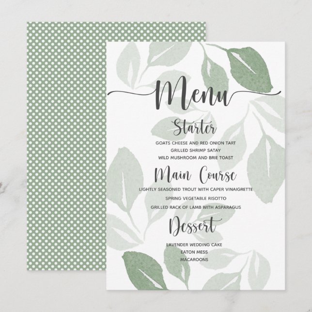 Modernes, grünes Watercolor-Foliage-Hochzeitmenü Menükarte (Vorne/Hinten)