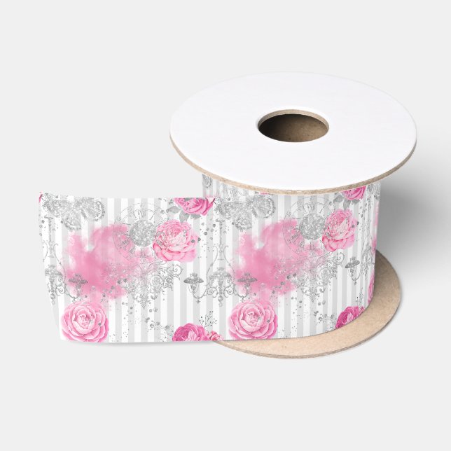 Modernes, gürtelrosa Glitzer mit Blumenmuster Satinband (Spule)