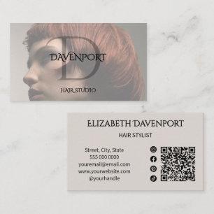 Modernes Haarstudio-Foto-QR-Code-Social-Monogramm Visitenkarte