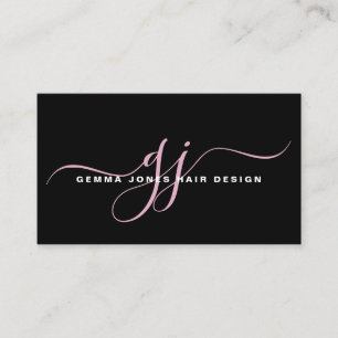 Modernes Hair Stylist Pink Script Monogram Black Visitenkarte