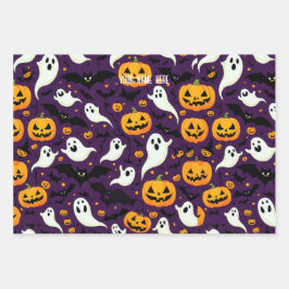 Modernes Halloween Bats Pumpkin Ghost Pattern Lila Geschenkpapier Set