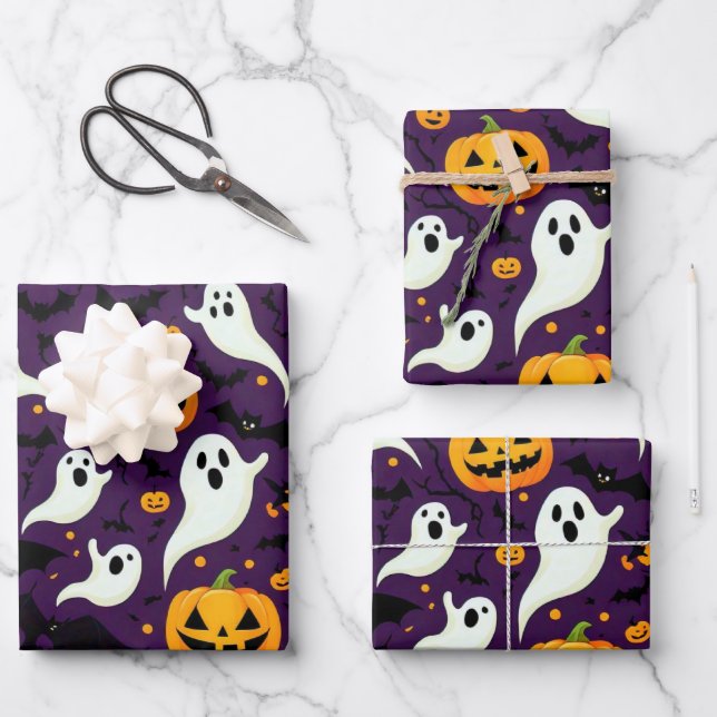 Modernes Halloween Bats Pumpkin Ghost Pattern Lila Geschenkpapier Set (Vorderseite)
