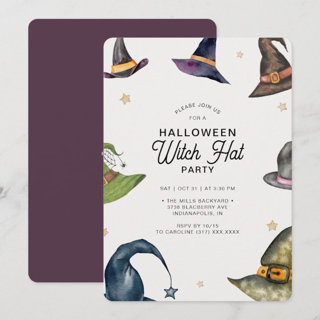 Modernes Halloween-Lila-Hexenhut-Party Einladung (Vorne/Hinten)
