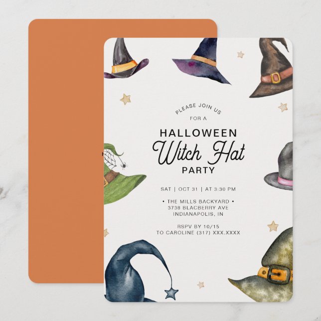 Modernes Halloween-Orange-Hexenhut-Party Einladung (Vorne/Hinten)