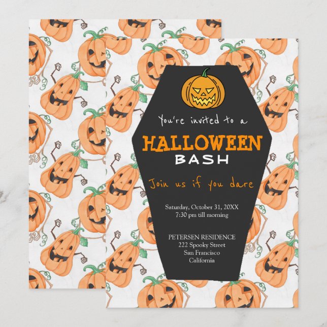 Modernes Halloween-Orangenkürbis Party Einladung (Vorne/Hinten)