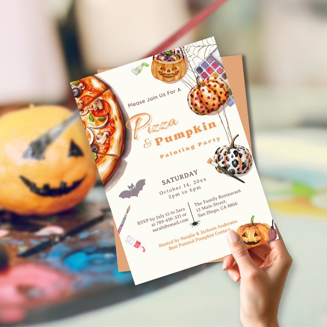 Modernes Halloween Pizza & Pumpkin Painting Party Einladung (Modern Halloween Pizza & Pumpkin Painting Party Invitation)