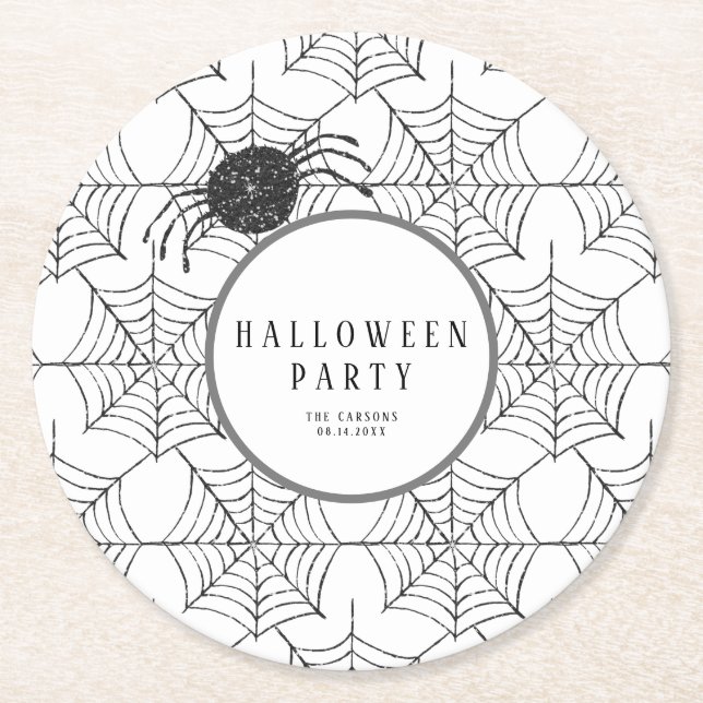 Modernes Halloween Tableware Schwarz-weiß Spider W Runder Pappuntersetzer (Vorderseite)