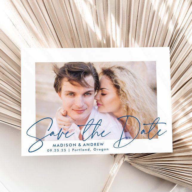 Modernes handgeschriebenes Blue Script-Foto Save The Date (Von Creator hochgeladen)