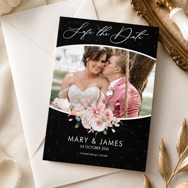 Modernes, handgeschriebenes Foto Save the Date (Elegant Black Floral Save the Date Wedding Invite, Wedding Announcement, Photo Save the Date)