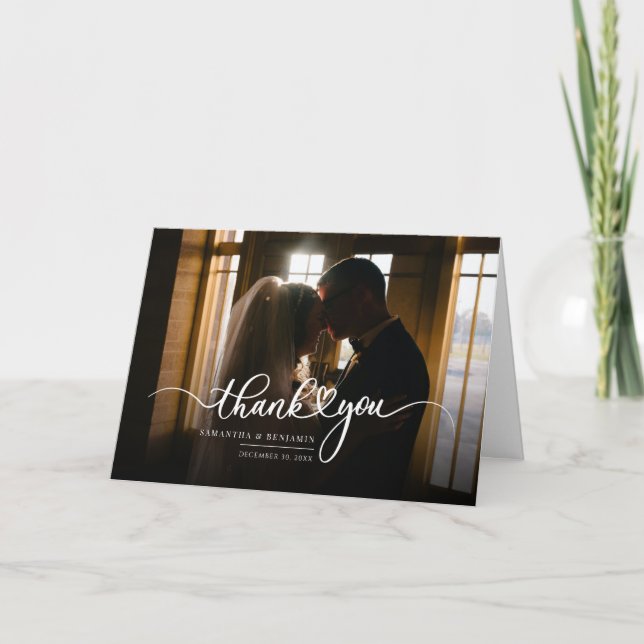 Modernes handgeschriebenes Hochzeitstag-Foto Dankeskarte (Vorderseite)