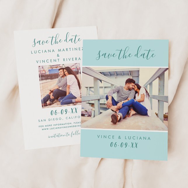Modernes handgeschriebenes Script Aqua Blue Weddin Save The Date (Von Creator hochgeladen)