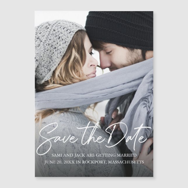 Modernes handgeschriebenes White Calligraphy Foto  Magneteinladung (Vorderseite)