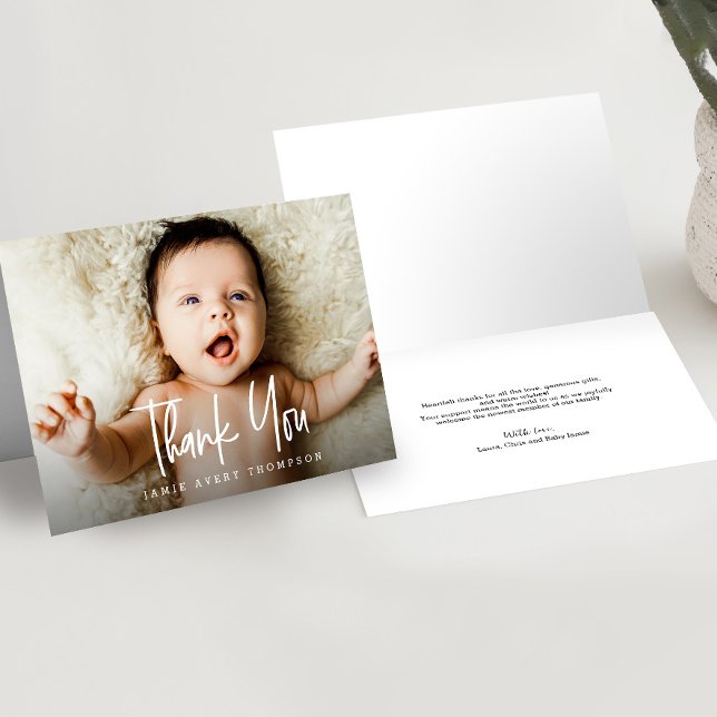 Modernes Handlettern Einfaches Foto Baby Dankeskarte (Customizable baby thank you photo folded cards.)