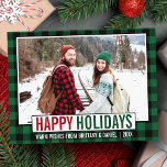 Modernes Happy Holidays Foto Grün Kariert Postkarte<br><div class="desc">Modernes Happy Holidays Foto Green and Red Holiday Postcard - Rustikales Grün Kariert</div>