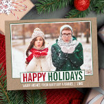 Modernes Happy Holidays Foto Kraft Postkarte<br><div class="desc">Moderne Happy Holidays Foto Green and Red Kraft Holiday Postcard</div>