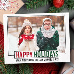 Modernes Happy Holidays Foto Postkarte<br><div class="desc">Moderne Happy Holidays Foto Green and Red Holiday Postcard</div>