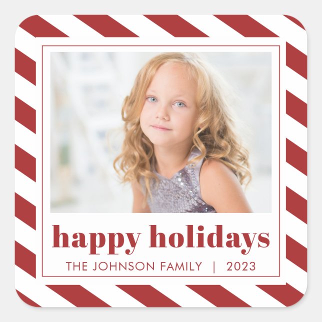 Modernes Happy Holidays Red White Stripe Foto Quadratischer Aufkleber (Vorderseite)
