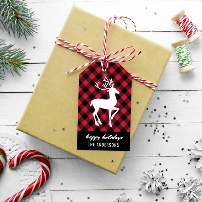 Modernes Happy Holidays Reindeer Red Buffalo Karie Geschenkanhänger (Von Creator hochgeladen)