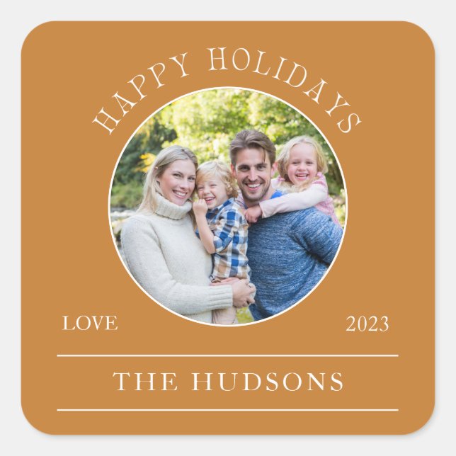 Modernes Happy Holidays Round Foto Quadratischer Aufkleber (Vorderseite)