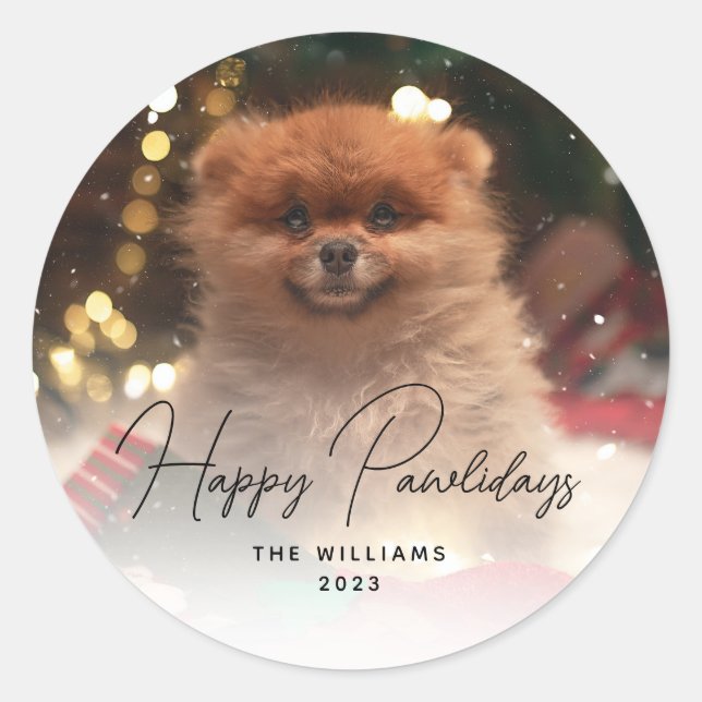 Modernes Happy Pawlidays Hund Foto Runder Aufkleber (Vorderseite)