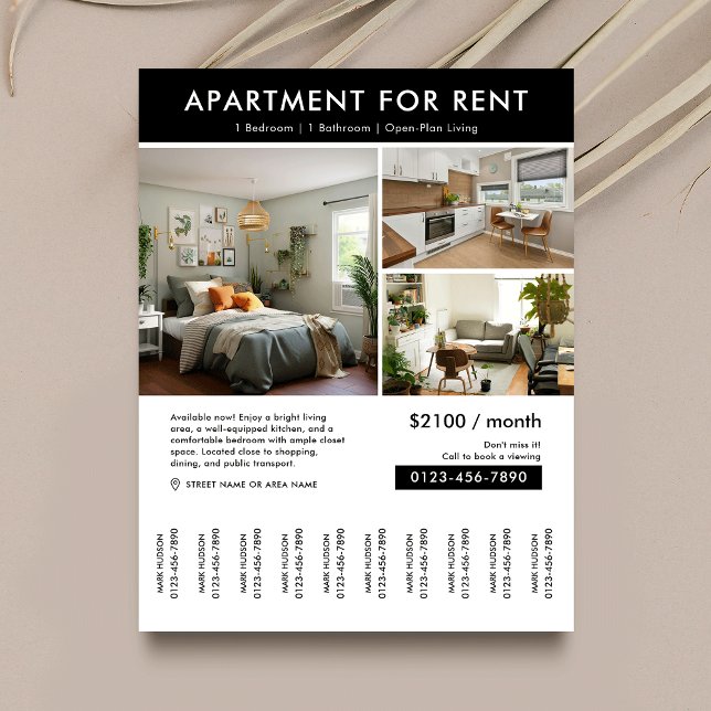 Modernes Haus zum Mieten Abreißen von Streifen Flyer (Minimalist modern property for rent tear off flyer with property photos and fully editable text)