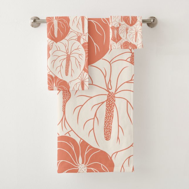 Modernes hawaiianisches Anthurium-Druckmuster Badhandtuch Set (Insitu)