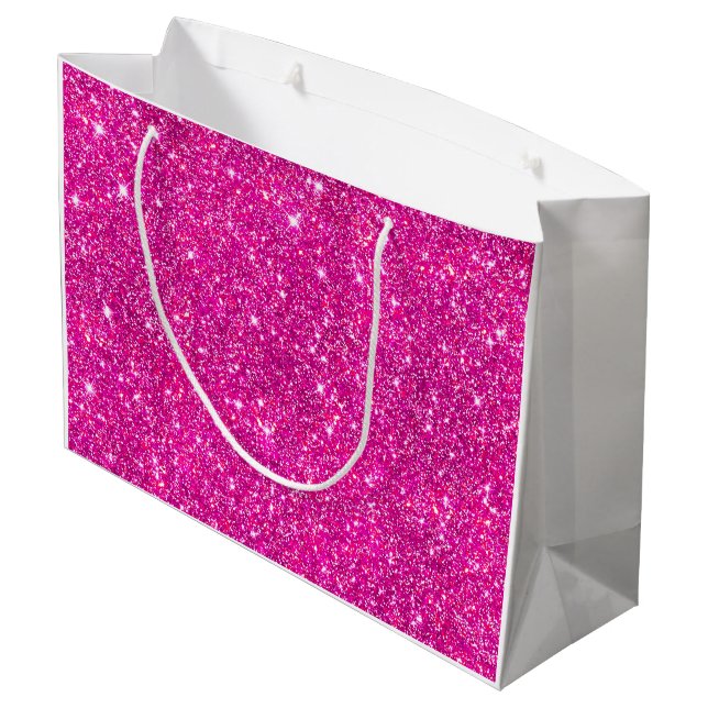 Modernes heißes Rosa-Imitat-Glitzer-Muster Girly Große Geschenktüte (Rückseite Schrägansicht)