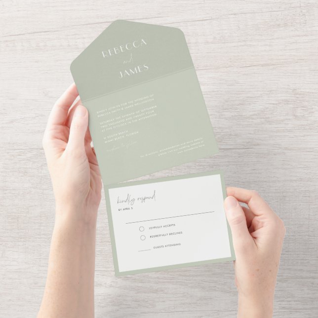 Modernes helles, grünes Siegel senden Hochzeit All In One Einladung (Abreißen)