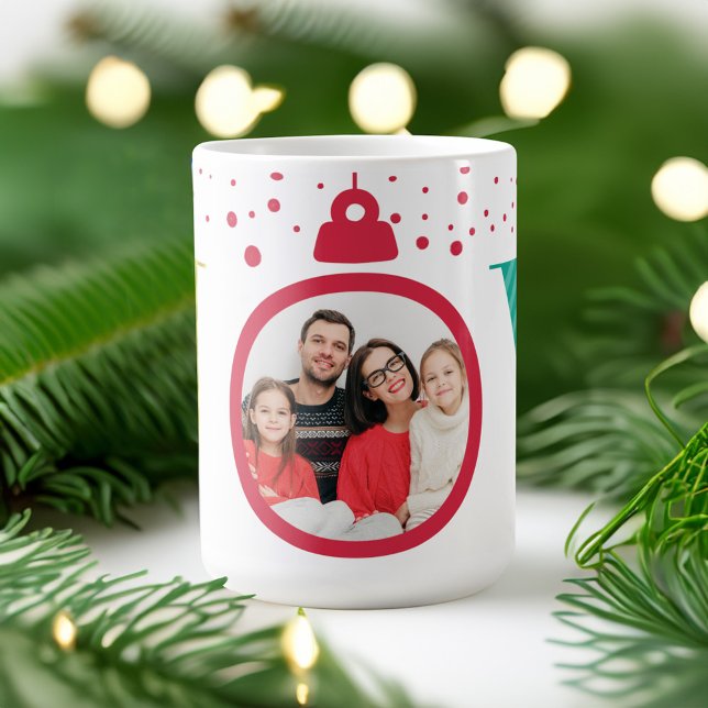 Modernes helles "Joy" Rotes Ornament | FOTO Kaffeetasse (Modern Bright "Joy" Red Ornament | Holiday Photo Coffee Mug)