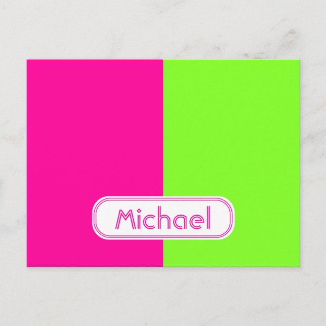 Modernes, helles Neonrosa grünes Monogramm Postkarte (Vorderseite)
