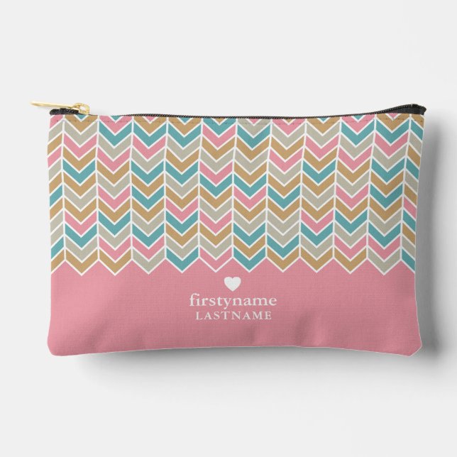 Modernes Herringbone-Muster - Rosa Blau Gold Zubehörtasche (Vorderseite)