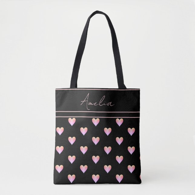 Modernes Herz Muster Schwarz Pink Personalisiert Tasche (Vorderseite)