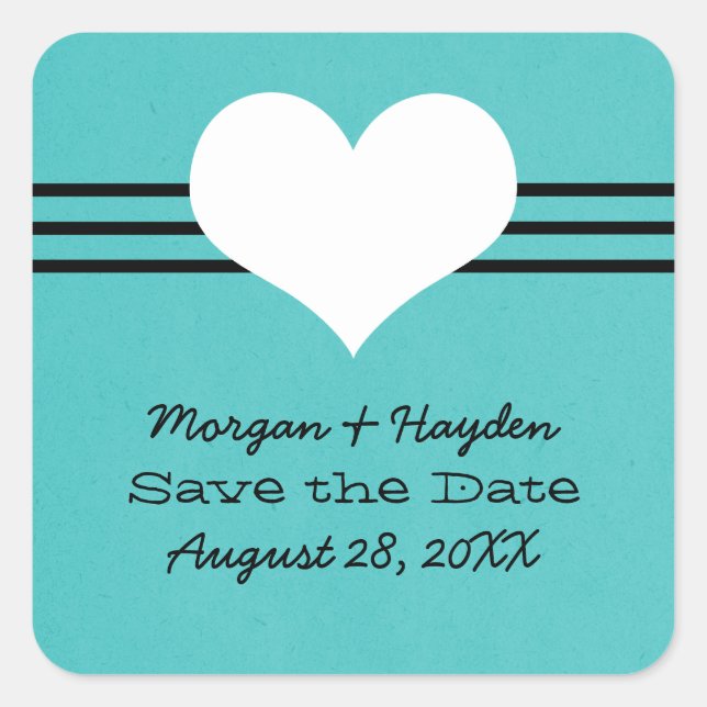 Modernes Herz Save the Date Sticker, Aqua Quadratischer Aufkleber (Vorderseite)